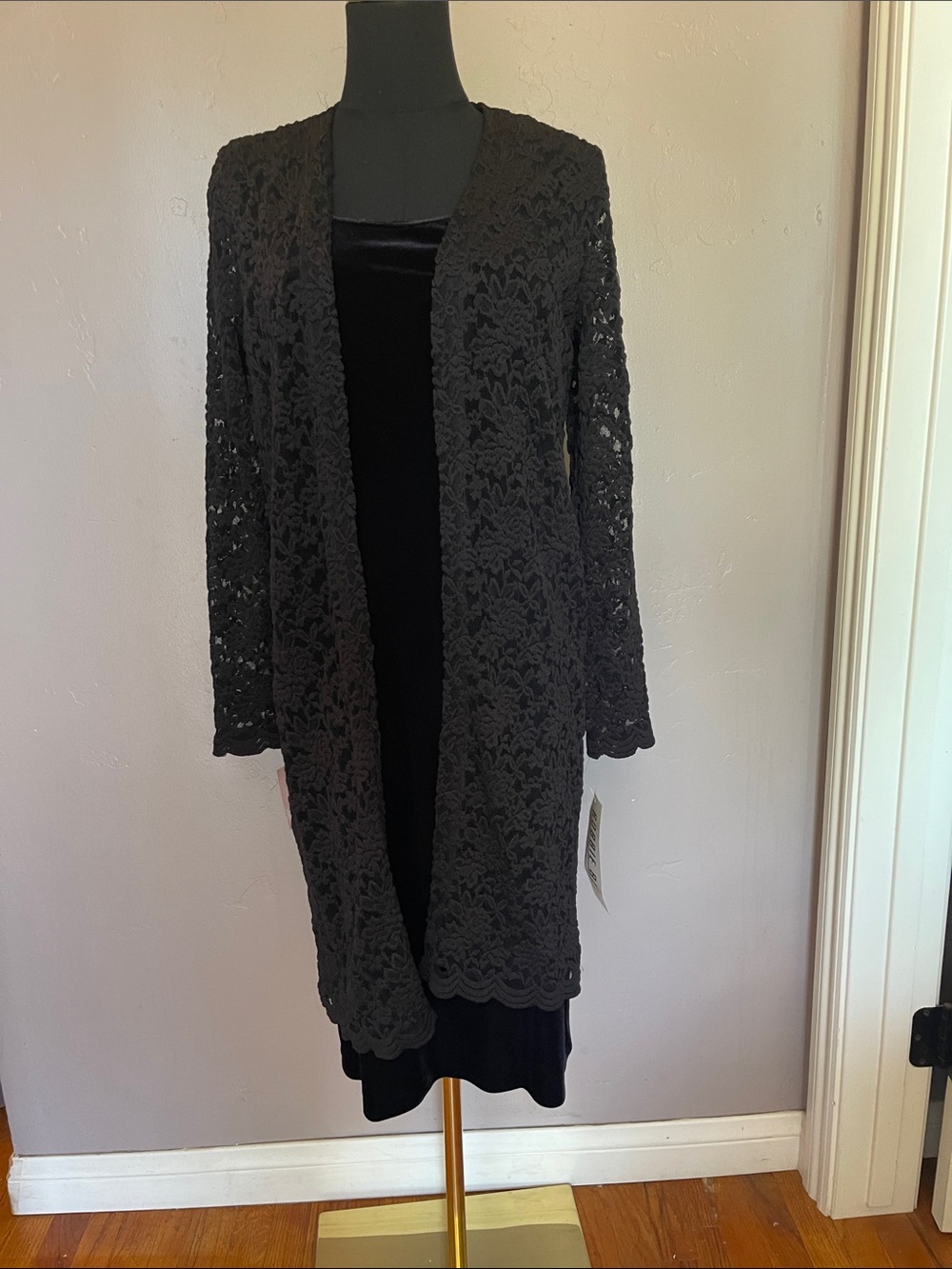 Vintage 1990s Robbie Bee Black Velvet Slip Dress Sheer Lace Duster Set NWT